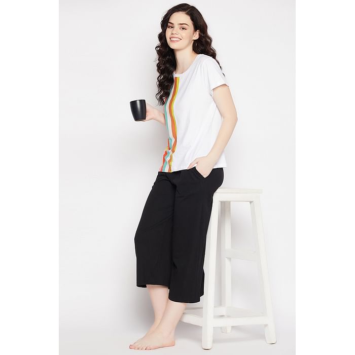 Clovia Sassy Stripes T-shirt in White & Chic Basic Flared Capri in Black - 100% Cotton - LSC025P99, Assorted
Clovia Sassy Stripes T-shirt in White & Chic Basic Flared Capri in Black - 100% Cotton - LSC025P99, Assorted