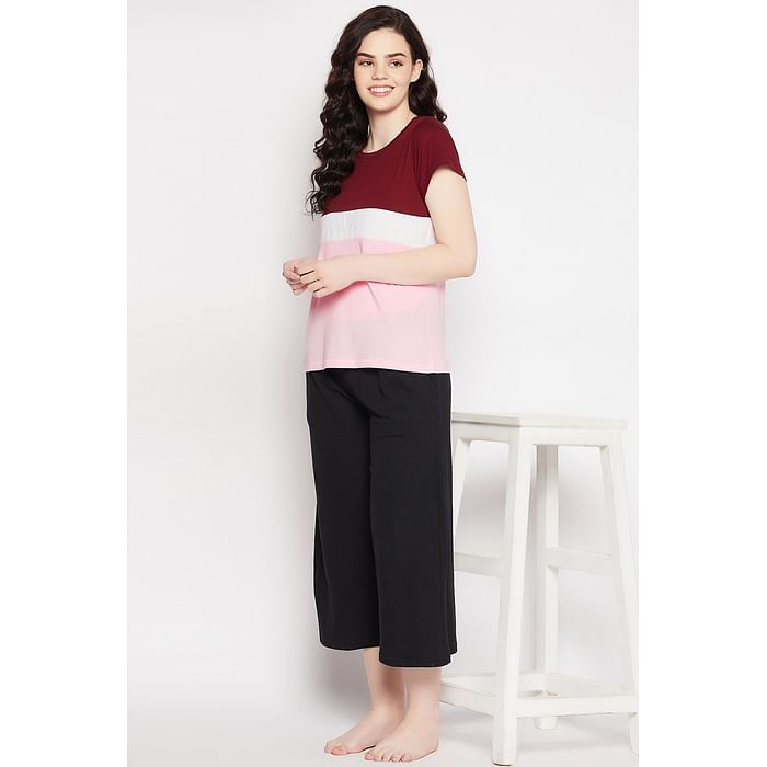 Clovia Colourblocked T-shirt in Soft Pink & Chic Basic Flared Capri in Black - 100% Cotton - LSC026P99, Assorted
Clovia Colourblocked T-shirt in Soft Pink & Chic Basic Flared Capri in Black - 100% Cotton - LSC026P99, Assorted