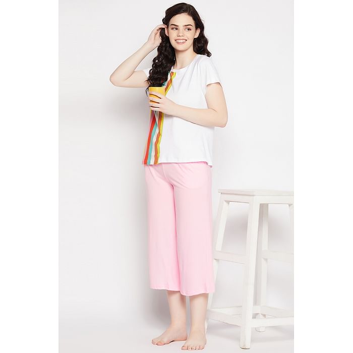 Clovia Sassy Stripes T-shirt in White & Chic Basic Flared Capri in Baby Pink - 100% Cotton - LSC032P99, Assorted
Clovia Sassy Stripes T-shirt in White & Chic Basic Flared Capri in Baby Pink - 100% Cotton - LSC032P99, Assorted