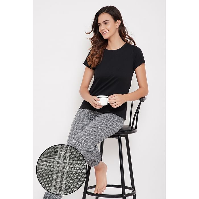 Clovia Chic Basic Top in Black & Classic Checks Pyjama in Grey - 100% Cotton - LSC123T13
Clovia Chic Basic Top in Black & Classic Checks Pyjama in Grey - 100% Cotton - LSC123T13