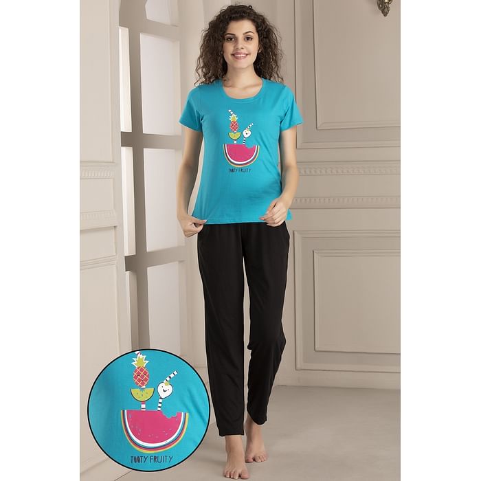 Clovia Tooty Fruity Top & Pyjama Set in Teal & Black- 100% Cotton - LSC124F17, Dark green
Clovia Tooty Fruity Top & Pyjama Set in Teal & Black- 100% Cotton - LSC124F17, Dark green