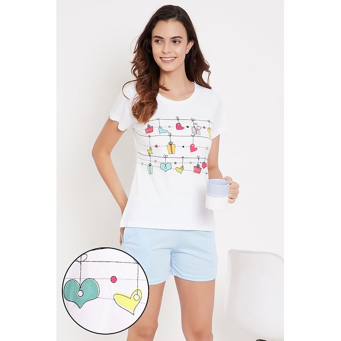 Clovia Print Me Pretty Top in White & Chic Basic Boxer Shorts in Light Blue - LSC124M18
Clovia Print Me Pretty Top in White & Chic Basic Boxer Shorts in Light Blue - LSC124M18