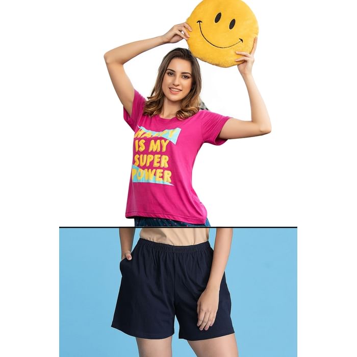 Clovia Text Print Top in Dark Pink & Chic Basic Boxer Shorts in Navy - Cotton Rich - LSC124N14
Clovia Text Print Top in Dark Pink & Chic Basic Boxer Shorts in Navy - Cotton Rich - LSC124N14