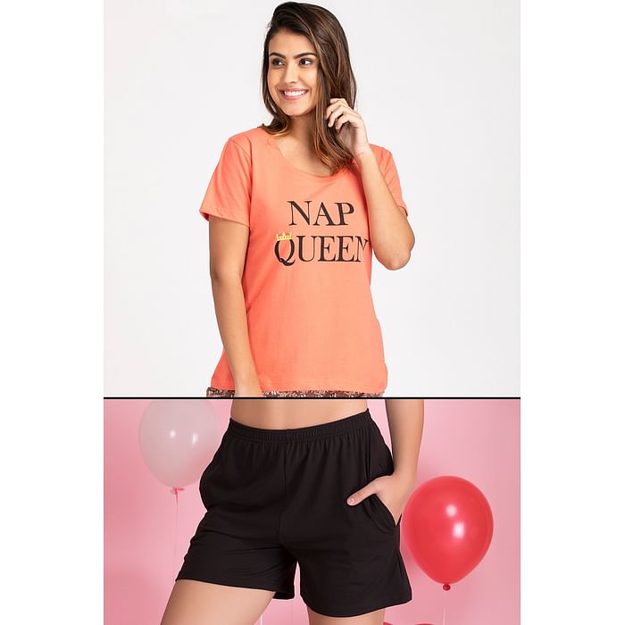 Clovia Text Print Top in Peach & Chic Basic Boxer Shorts in Black - 100% Cotton - LSC132U14, Pink
Clovia Text Print Top in Peach & Chic Basic Boxer Shorts in Black - 100% Cotton - LSC132U14, Pink