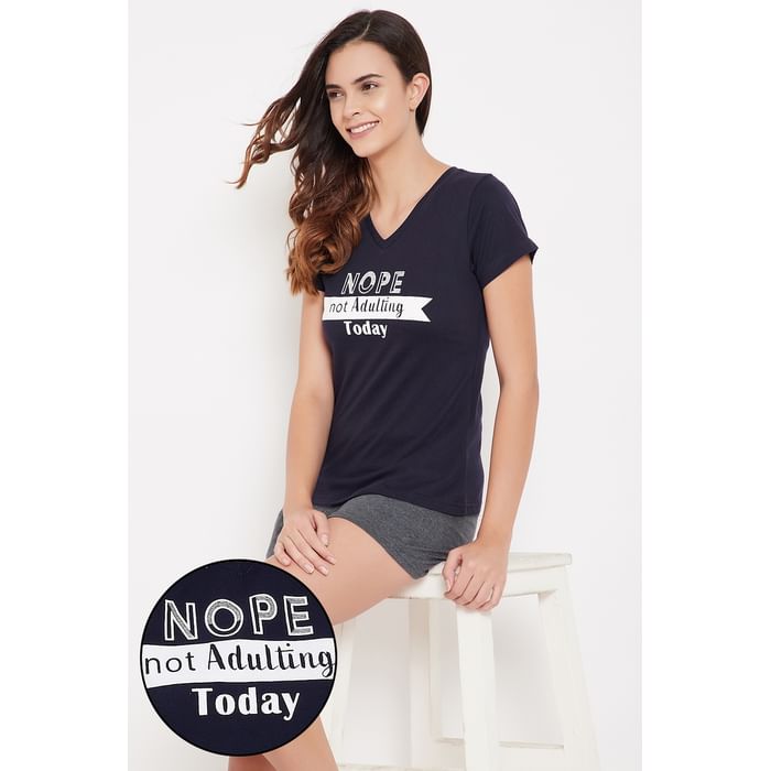 Clovia Text Print Top in Navy & Chic Basic Boxer Shorts in Grey - 100% Cotton - LSC135U08
Clovia Text Print Top in Navy & Chic Basic Boxer Shorts in Grey - 100% Cotton - LSC135U08
