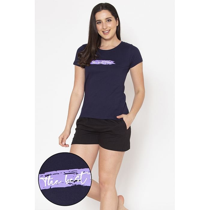 Clovia Text Print Sleep T-shirt in Navy & Chich Basic Boxer Shorts in Black - LSC145A08
Clovia Text Print Sleep T-shirt in Navy & Chich Basic Boxer Shorts in Black - LSC145A08