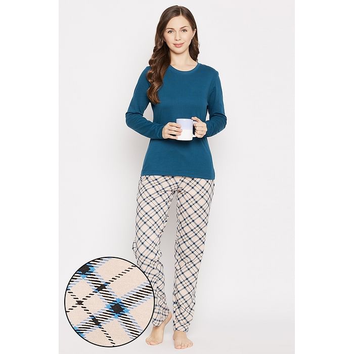 Clovia Chic Basic Sleep Top in Dark Blue & Classy Checks Pyjama in Cream-Colour - Cotton - LSC149P24, Nude-colour
Clovia Chic Basic Sleep Top in Dark Blue & Classy Checks Pyjama in Cream-Colour - Cotton - LSC149P24, Nude-colour