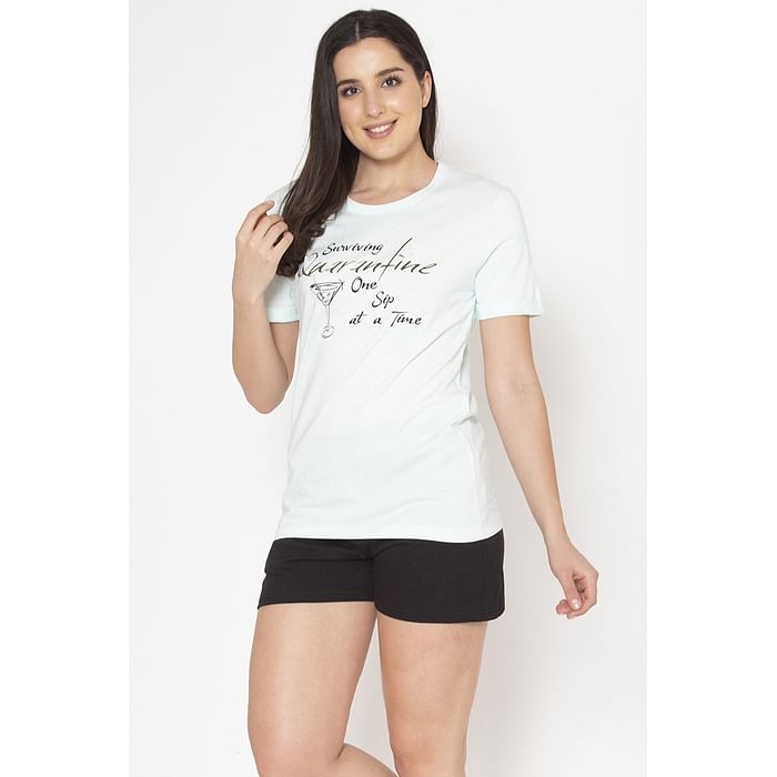 Clovia Text & Graphic Print Sleep T-shirt in Sky Blue & Boxer Shorts in Black - Cotton - LSC153A03, Light blue
Clovia Text & Graphic Print Sleep T-shirt in Sky Blue & Boxer Shorts in Black - Cotton - LSC153A03, Light blue