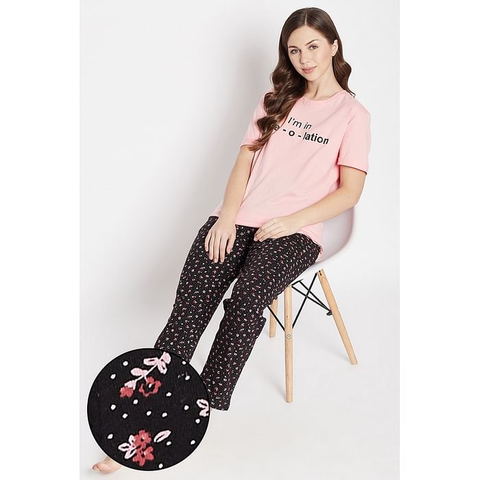 Clovia Text Print Sleep T-shirt in Baby Pink & Pretty Florals Pyjama in Black - 100% Cotton - LSC153P22, Light pink
Clovia Text Print Sleep T-shirt in Baby Pink & Pretty Florals Pyjama in Black - 100% Cotton - LSC153P22, Light pink