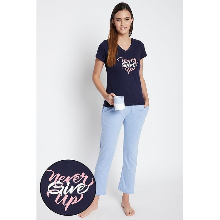 Clovia Text Print Sleep T-shirt in Navy & Chic Basic Pyjama in Powder Blue - Cotton - LSC167D03, Light blue
Clovia Text Print Sleep T-shirt in Navy & Chic Basic Pyjama in Powder Blue - Cotton - LSC167D03, Light blue