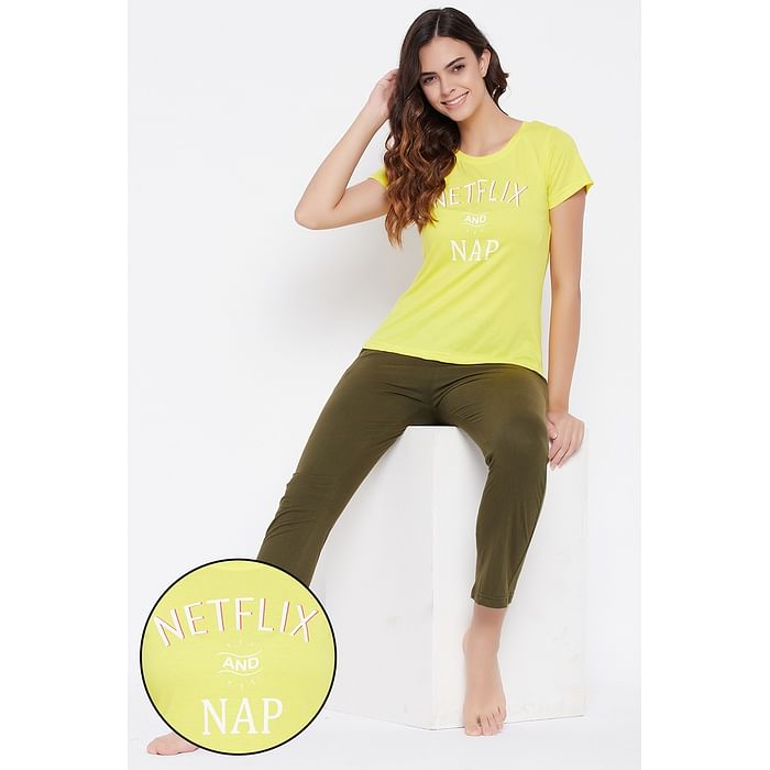 Clovia Neon Yellow Text Print Top & Olive Green Solid Pyjama Set - Cotton - LSC173D17, Dark green
Clovia Neon Yellow Text Print Top & Olive Green Solid Pyjama Set - Cotton - LSC173D17, Dark green
