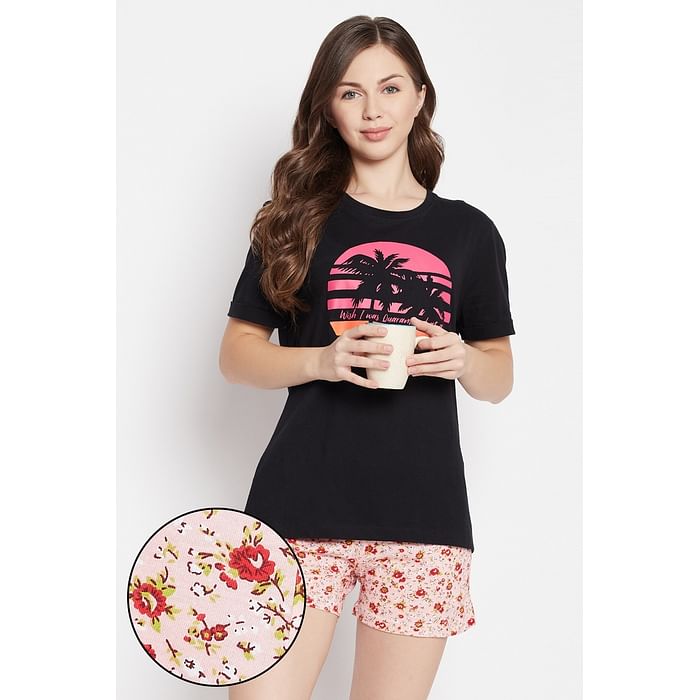 Clovia Graphic & Text Print Sleep T-shirt in Black & Pretty Florals Boxer Shorts in Nude - 100% Cotton - LSC174D24, Nude-colour
Clovia Graphic & Text Print Sleep T-shirt in Black & Pretty Florals Boxer Shorts in Nude - 100% Cotton - LSC174D24, Nude-colour