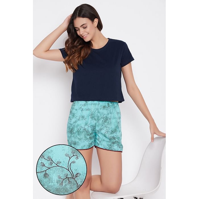 Clovia Navy Solid Crop Top & Cyan Floral Print Shorts Set - Cotton & Rayon - LSC194D11, Light green
Clovia Navy Solid Crop Top & Cyan Floral Print Shorts Set - Cotton & Rayon - LSC194D11, Light green