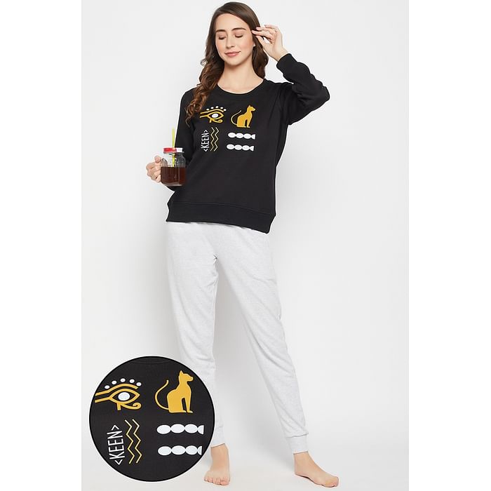 Clovia Graphic Print Sweatshirt in Black & Chic Basic Joggers in Light Grey - Fleece - LSW164A13
Clovia Graphic Print Sweatshirt in Black & Chic Basic Joggers in Light Grey - Fleece - LSW164A13