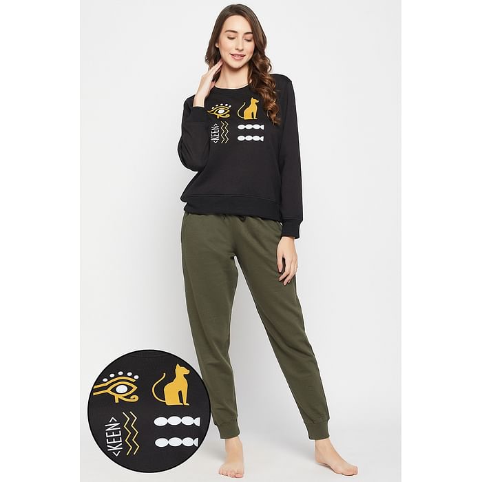 Clovia Graphic Print Sweatshirt in Black & Chic Basic Joggers in Olive Green - Fleece - LSW201P17, Dark green
Clovia Graphic Print Sweatshirt in Black & Chic Basic Joggers in Olive Green - Fleece - LSW201P17, Dark green