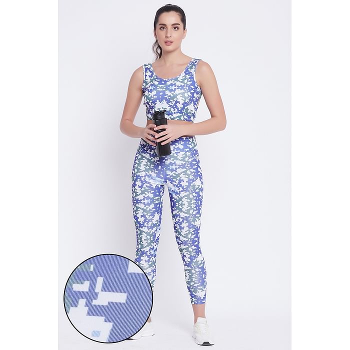 Clovia Medium Impact Padded Non-Wired Printed Sports Bra & Snug Fit Printed Active Tights in Light Blue - ASC042A03
Clovia Medium Impact Padded Non-Wired Printed Sports Bra & Snug Fit Printed Active Tights in Light Blue - ASC042A03