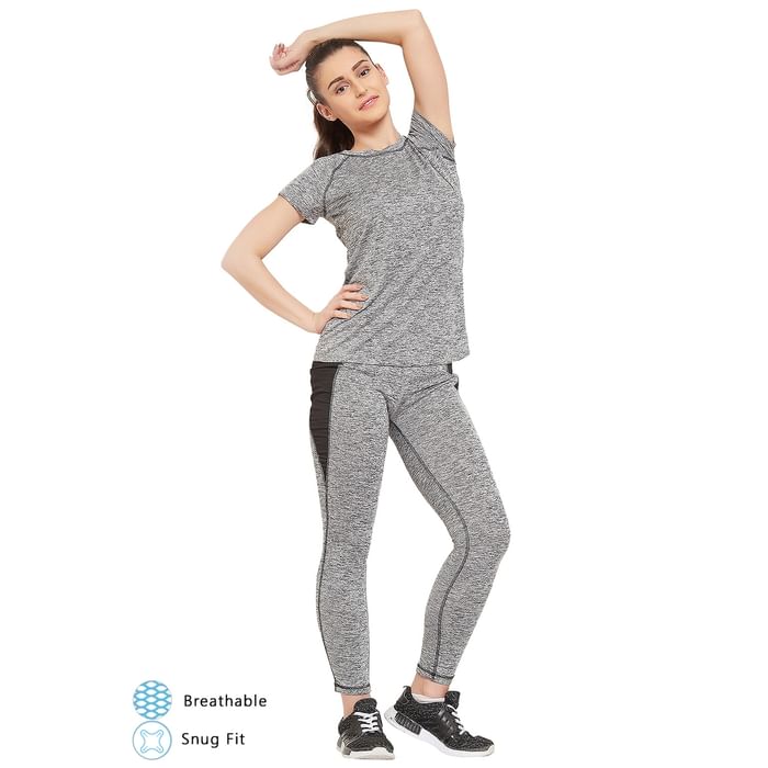 Clovia Grey Gym/Sports Activewear Top & Tights - ASC113P01, Light grey