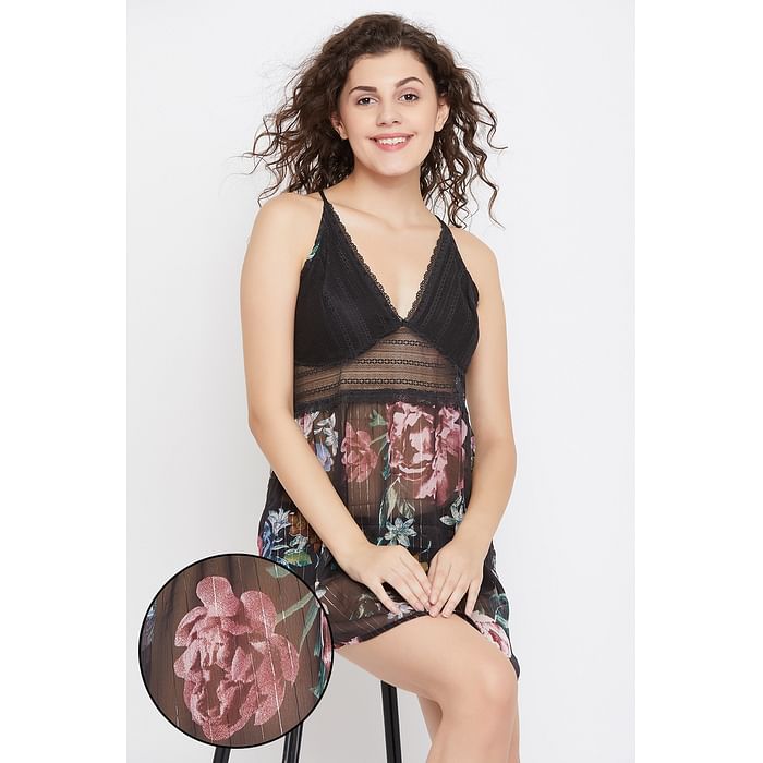Clovia Pretty Florals Sheer Babydoll with Matching Thong in Black- Georgette - NS1315D13
Clovia Pretty Florals Sheer Babydoll with Matching Thong in Black- Georgette - NS1315D13