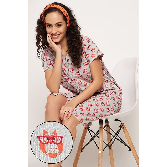 Clovia Owl Print Button Me Up Short Nightdress in Grey - 100% Cotton - NS1348G01, Light grey
Clovia Owl Print Button Me Up Short Nightdress in Grey - 100% Cotton - NS1348G01, Light grey