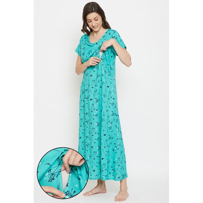 Clovia Feeding Pretty Florals Long Night Dress in Sea Green- Rayon - NS1349R35, Teal 
Clovia Feeding Pretty Florals Long Night Dress in Sea Green- Rayon - NS1349R35, Teal