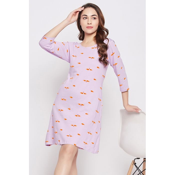 Clovia Fish Print Short Night Dress in Lilac - 100% Cotton - NS1489P12