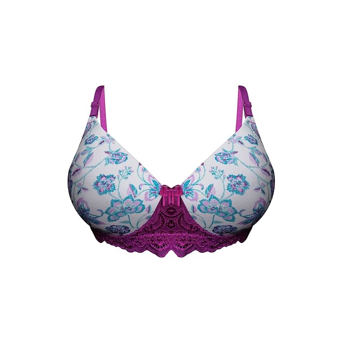 Clovia Padded Non-Wired Full Cup Floral Print T-shirt Bra in White - Lace - BR1806O01, Light grey