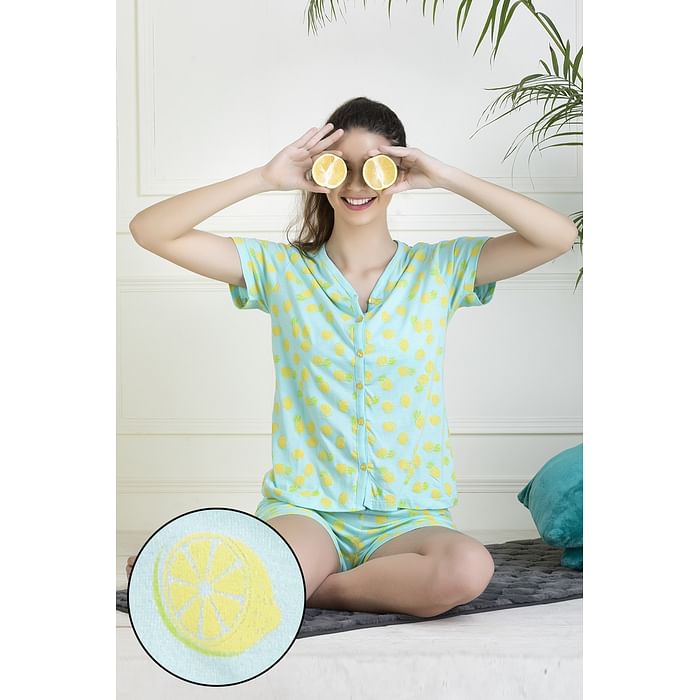 Clovia Lemon Print Button Me Up Top & Shorts Set in Cyan - 100% Cotton - LS0460P03, Light blue
Clovia Lemon Print Button Me Up Top & Shorts Set in Cyan - 100% Cotton - LS0460P03, Light blue