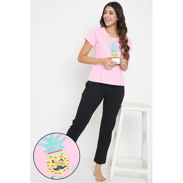 Clovia Pineapple Print Top & Pyjama in Baby Pink & Black - Cotton Rich - LSC124B22, Light pink
Clovia Pineapple Print Top & Pyjama in Baby Pink & Black - Cotton Rich - LSC124B22, Light pink