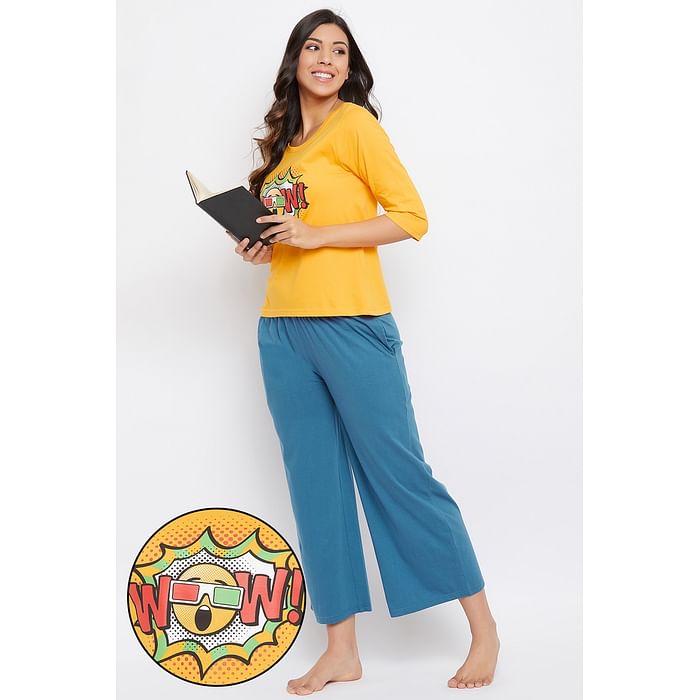Clovia Emoji Print Top & Solid Flared Pants in Yellow & Blue - 100% Cotton - LS0546P07, Mustard
Clovia Emoji Print Top & Solid Flared Pants in Yellow & Blue - 100% Cotton - LS0546P07, Mustard