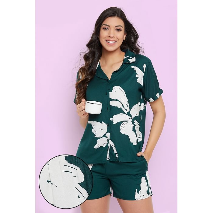 Clovia Pretty Florals Button Down Shirt & Shorts in Bottle Green - Rayon - LS0141P17, Dark green
Clovia Pretty Florals Button Down Shirt & Shorts in Bottle Green - Rayon - LS0141P17, Dark green