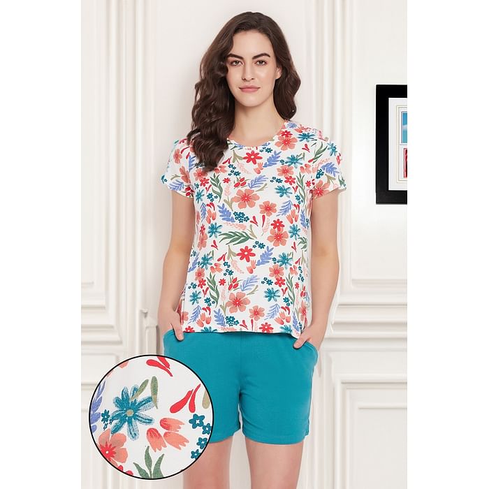 Clovia Pretty Florals Top in White & Chic Basic Shorts in Teal Green - 100% Cotton - LS0732P18
Clovia Pretty Florals Top in White & Chic Basic Shorts in Teal Green - 100% Cotton - LS0732P18