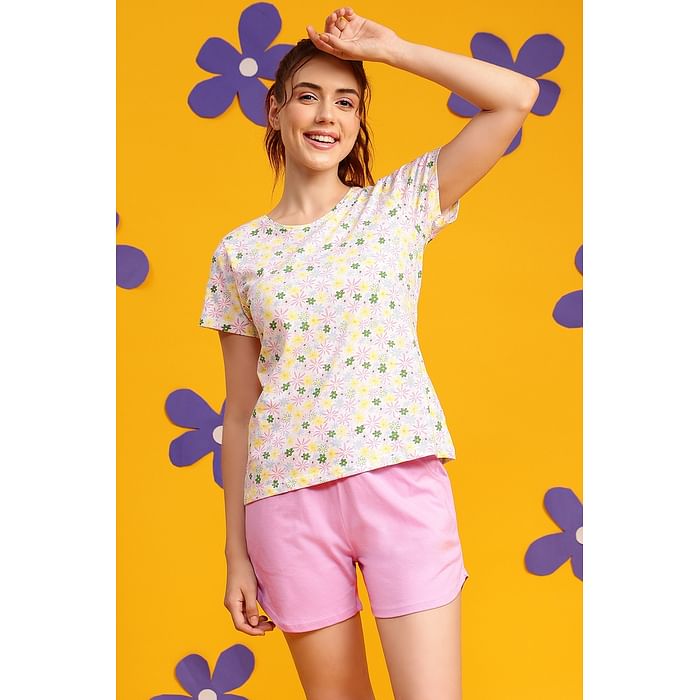 Clovia Pretty Florals Top in White & Chic Basic Shorts Set in Baby Pink - 100% Cotton - LS0410J18
Clovia Pretty Florals Top in White & Chic Basic Shorts Set in Baby Pink - 100% Cotton - LS0410J18
