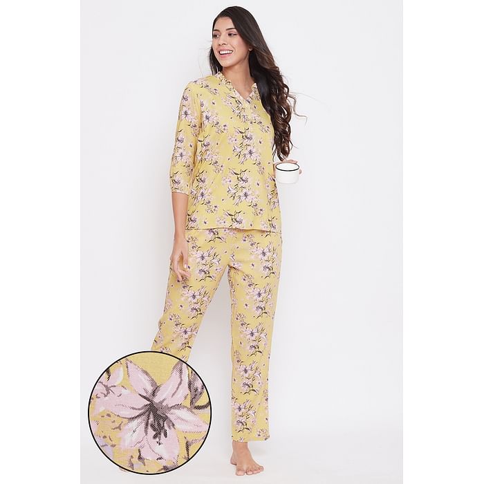 Clovia Pretty Florals Top & Pyjama in Light Yellow -100% Cotton - LS0536P02