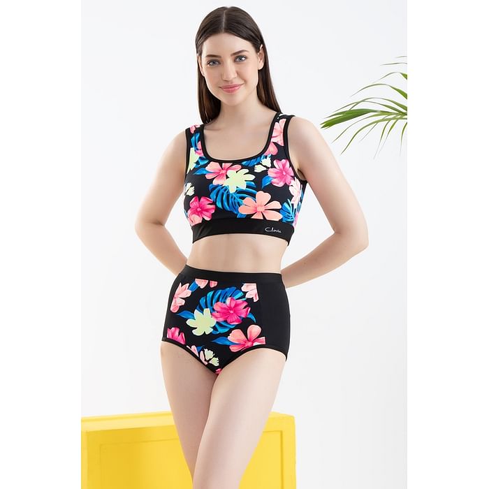 Clovia Pretty Florals Two Piece Swimsuit in Black - SM0117P13