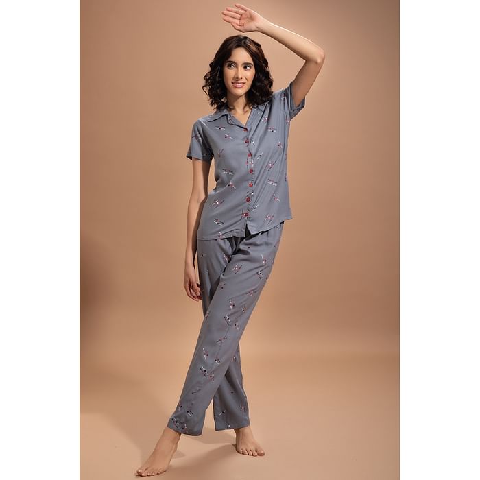 Clovia Print Me Pretty Button Down Shirt & Pyjama in Grey- Rayon - LS0385P05, Dark grey
Clovia Print Me Pretty Button Down Shirt & Pyjama in Grey- Rayon - LS0385P05, Dark grey