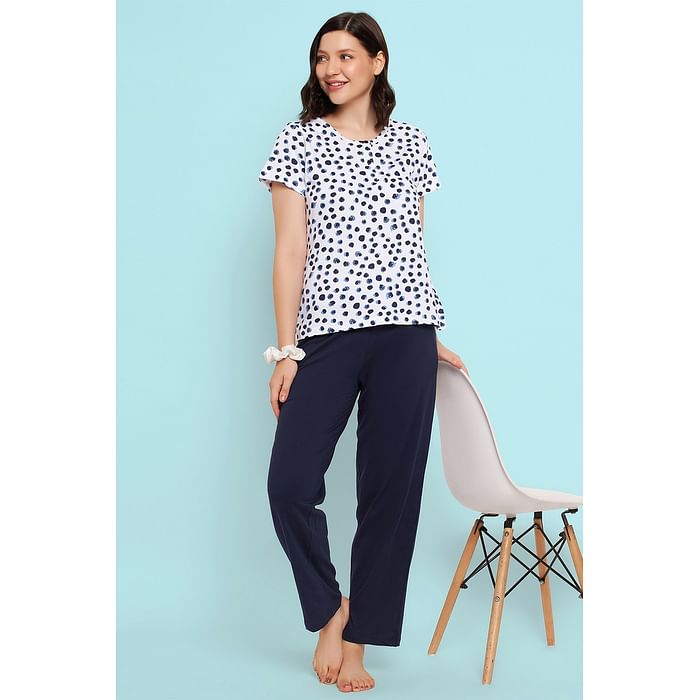 Clovia Print Me Pretty Top in White & Chic Basic Pyjama in Navy - 100% Cotton - LS0415K18
Clovia Print Me Pretty Top in White & Chic Basic Pyjama in Navy - 100% Cotton - LS0415K18