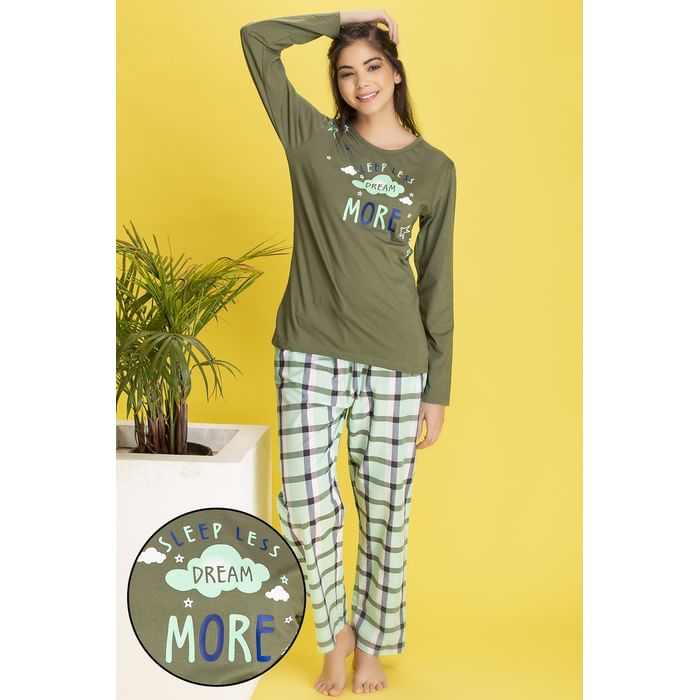 Clovia Text Print Top & Checked Pyjama in Green - Cotton Rich - LS0544P17, Dark green
Clovia Text Print Top & Checked Pyjama in Green - Cotton Rich - LS0544P17, Dark green