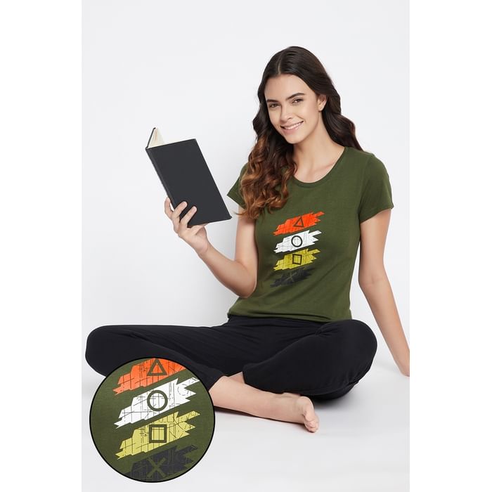 Clovia Printed Sleep T-shirt in Olive Green - 100% Cotton - LT0132A17, Dark green
Clovia Printed Sleep T-shirt in Olive Green - 100% Cotton - LT0132A17, Dark green