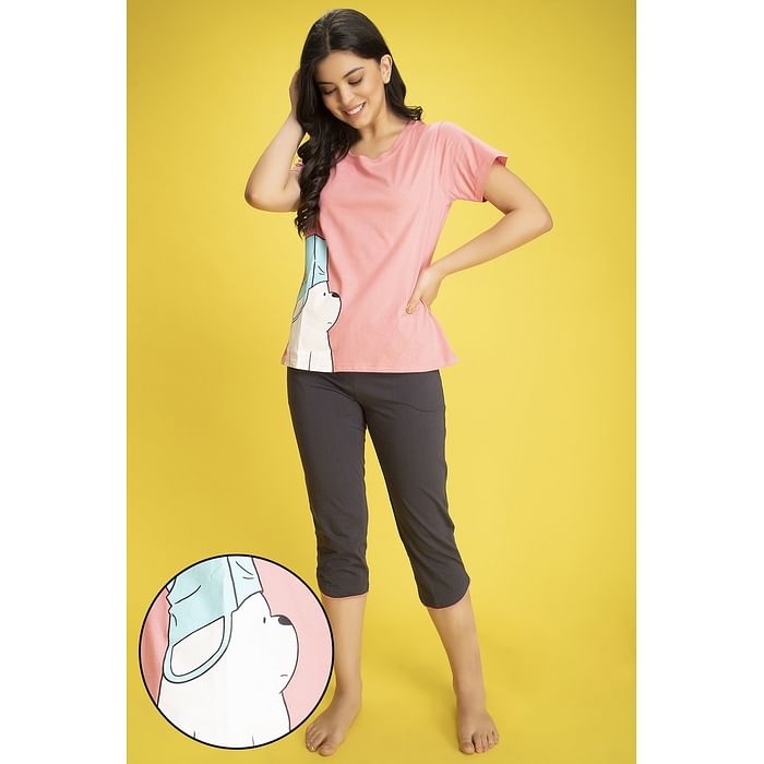Clovia We Bare Bears by Clovia Printed Top & Capri Set in Pink & Grey- Cotton Rich - LS0411A22, Light pink
Clovia We Bare Bears by Clovia Printed Top & Capri Set in Pink & Grey- Cotton Rich - LS0411A22, Light pink