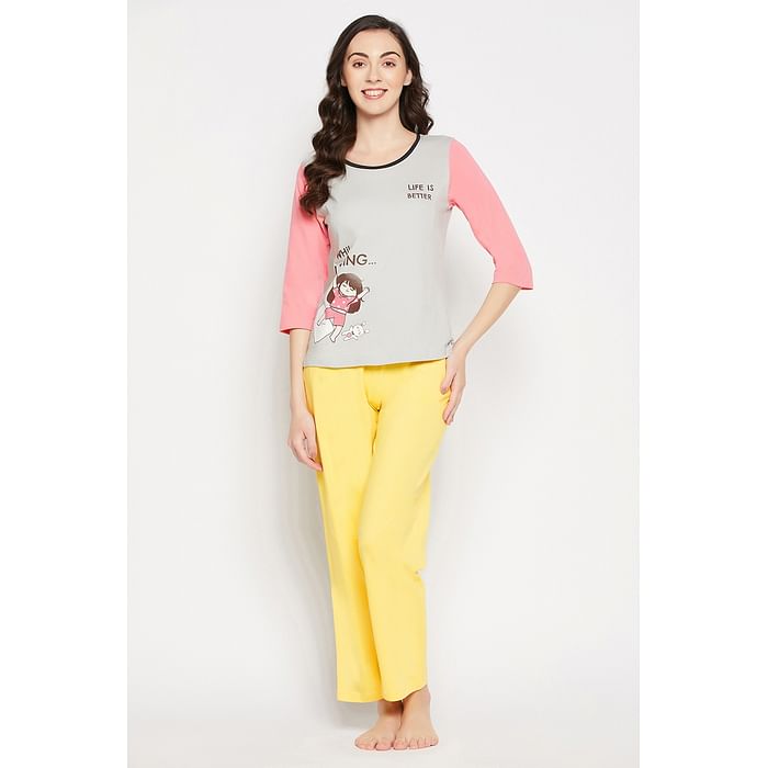 Clovia Quirky Quotes Colourblocked Top in Grey & Chic Basic Pyjama in Yellow - 100% Cotton - LS0664P01, Light grey
Clovia Quirky Quotes Colourblocked Top in Grey & Chic Basic Pyjama in Yellow - 100% Cotton - LS0664P01, Light grey