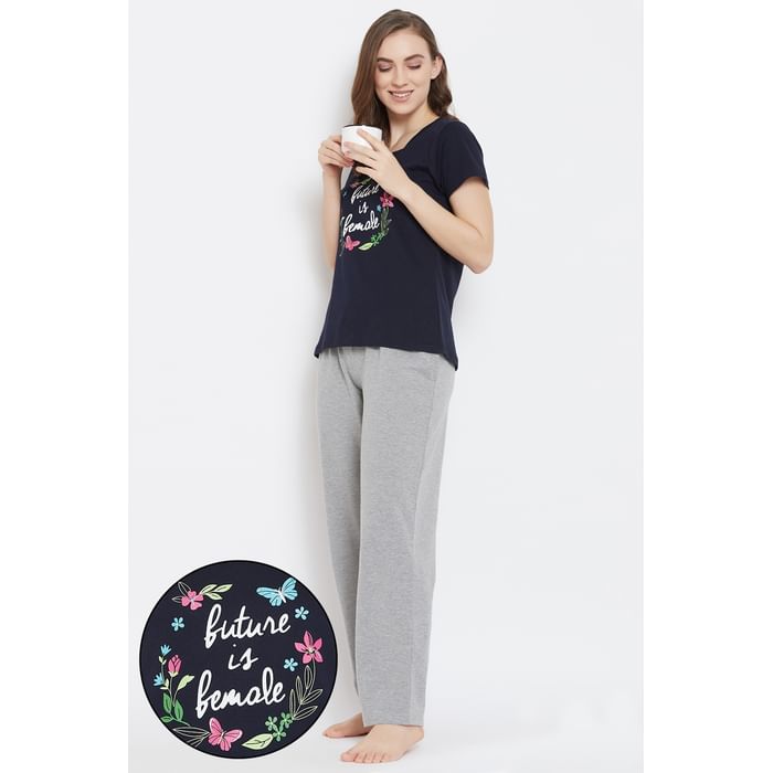 Clovia Quirky Text Top & Pyjama Set in Blue & Grey- 100% Cotton - LSC124F08, Navy
Clovia Quirky Text Top & Pyjama Set in Blue & Grey- 100% Cotton - LSC124F08, Navy