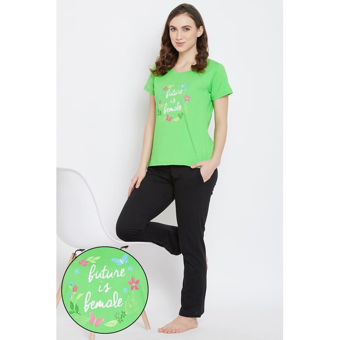 Clovia Quirky Text Top & Pyjama Set in Green & Black- 100% Cotton - LSC124Q11, Light green
Clovia Quirky Text Top & Pyjama Set in Green & Black- 100% Cotton - LSC124Q11, Light green