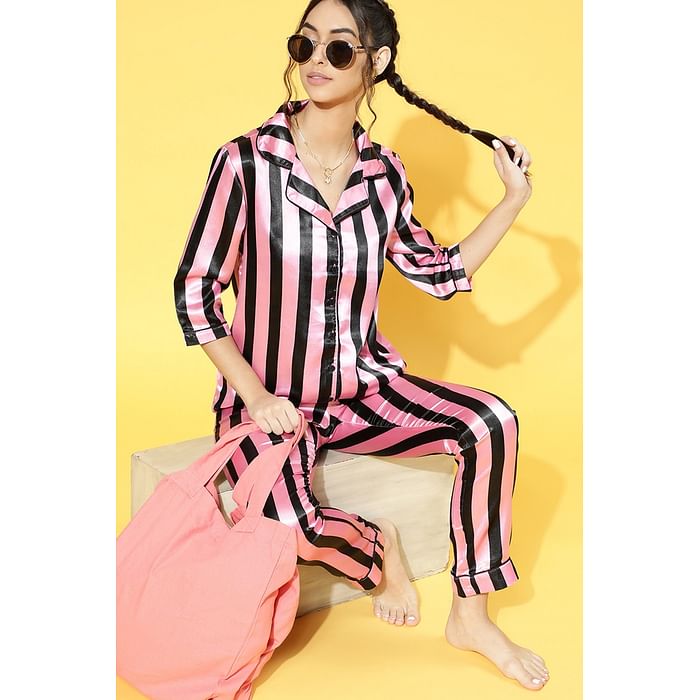Clovia Sassy Stripes Button Me Up Shirt & Pyjama Set in Light Pink - Viscose Satin - LS0385D22
Clovia Sassy Stripes Button Me Up Shirt & Pyjama Set in Light Pink - Viscose Satin - LS0385D22