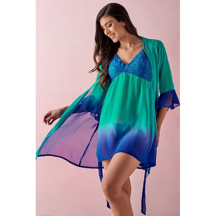 Clovia Sheer Babydoll with Thong & Robe Set in Sea Green - Lace & Georgette - NSC370P08, Navy
Clovia Sheer Babydoll with Thong & Robe Set in Sea Green - Lace & Georgette - NSC370P08, Navy