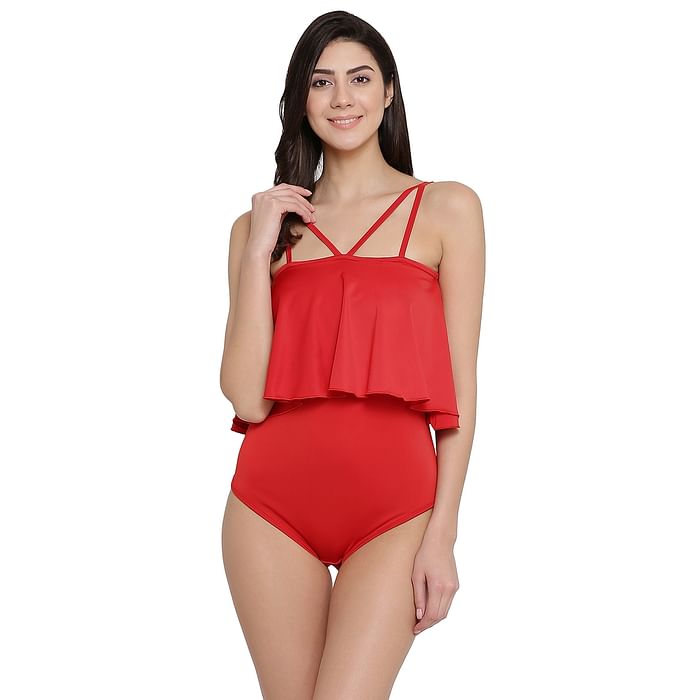 Clovia Padded Frilled Monokini in Red - SM0113P04
