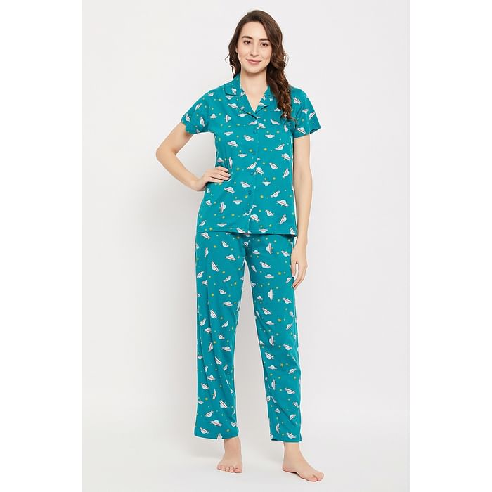 Clovia Spaceship Print Button Down Shirt & Pyjama Set in Teal Blue - 100% Cotton - LS0025D36
Clovia Spaceship Print Button Down Shirt & Pyjama Set in Teal Blue - 100% Cotton - LS0025D36