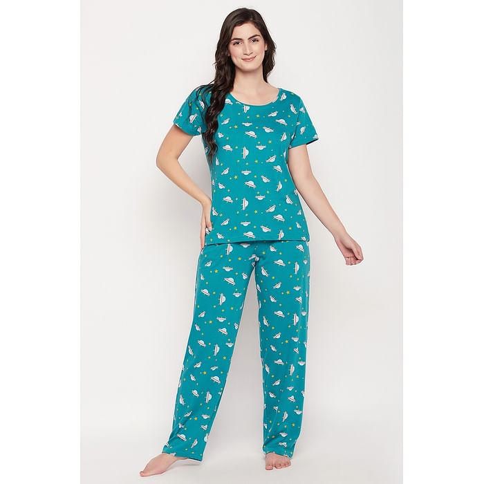 Clovia Spaceship Print Top & Pyjama Set in Teal Blue - 100% Cotton - LS0730P36
