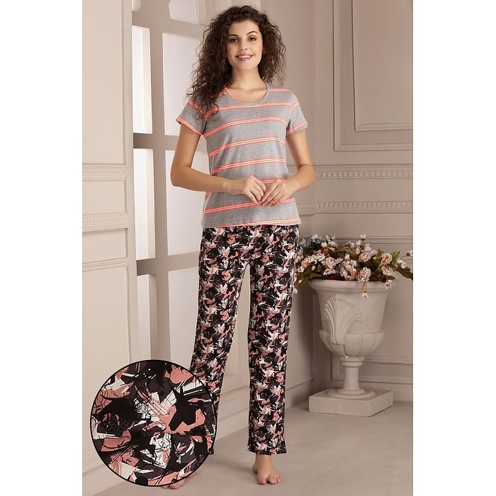 Clovia Stripes & Florals Top & Pyjama Set in Grey & Multi- Cotton - LSC132P01, Light grey
Clovia Stripes & Florals Top & Pyjama Set in Grey & Multi- Cotton - LSC132P01, Light grey