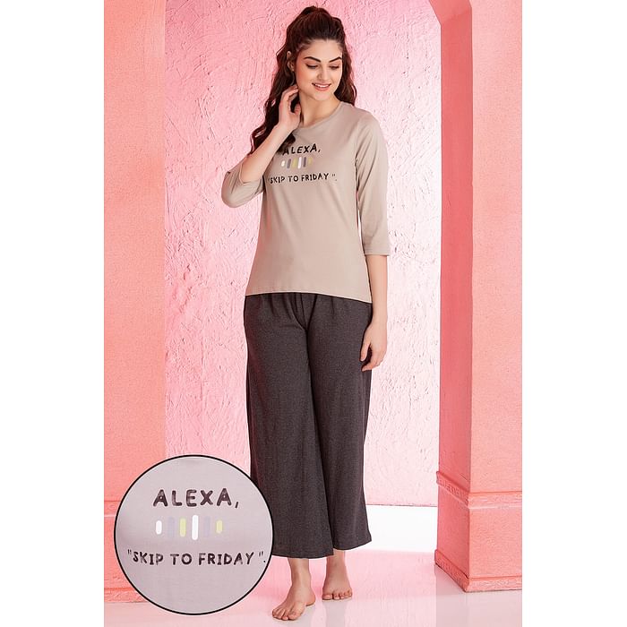 Clovia Text & Graphic Print Top & Solid Flared Pyjama Set in Grey - 100% Cotton - LS0546A01, Light grey
Clovia Text & Graphic Print Top & Solid Flared Pyjama Set in Grey - 100% Cotton - LS0546A01, Light grey