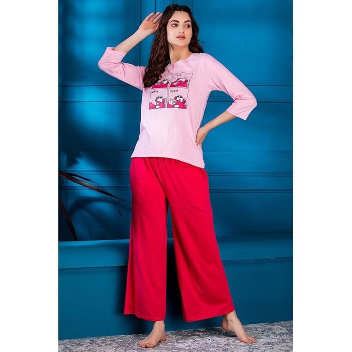 Clovia Text & Graphic Print Top & Solid Flared Pyjama Set in Blush Pink- 100% Cotton - LS0546P22, Light pink
Clovia Text & Graphic Print Top & Solid Flared Pyjama Set in Blush Pink- 100% Cotton - LS0546P22, Light pink
